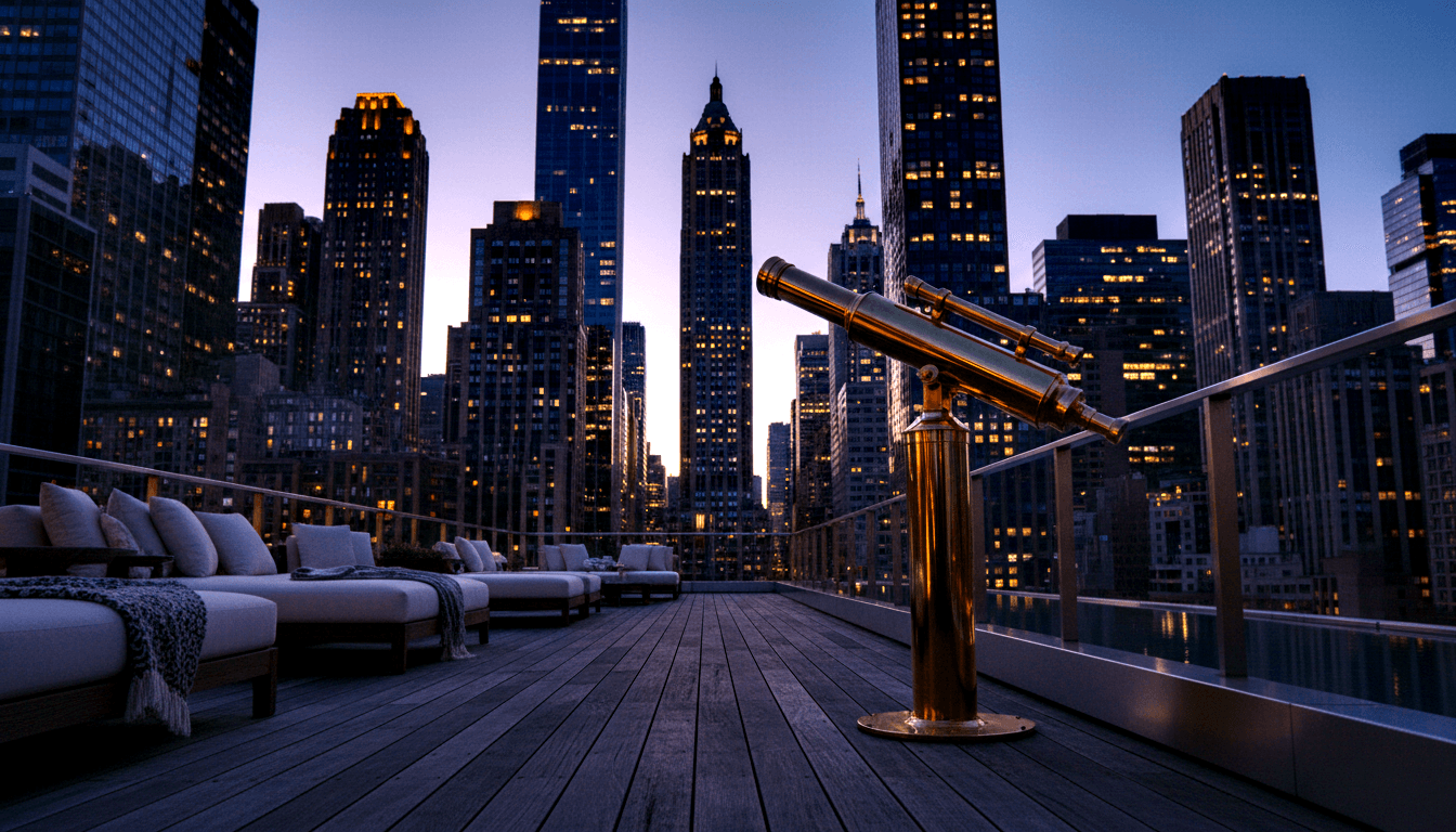 Brass refractor telescope on pedestal on a rooftop terrace at twilight, with white lounge sofas along cable railings and a dense skyline.