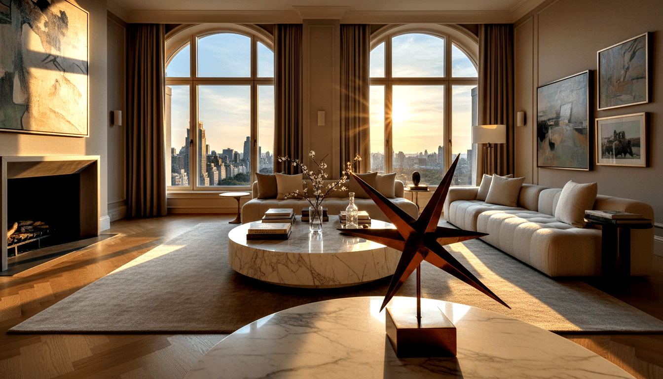 Living room: arched windows, city skyline, cream sectional sofa, marble coffee table, cherry blossoms, bronze star sculpture.