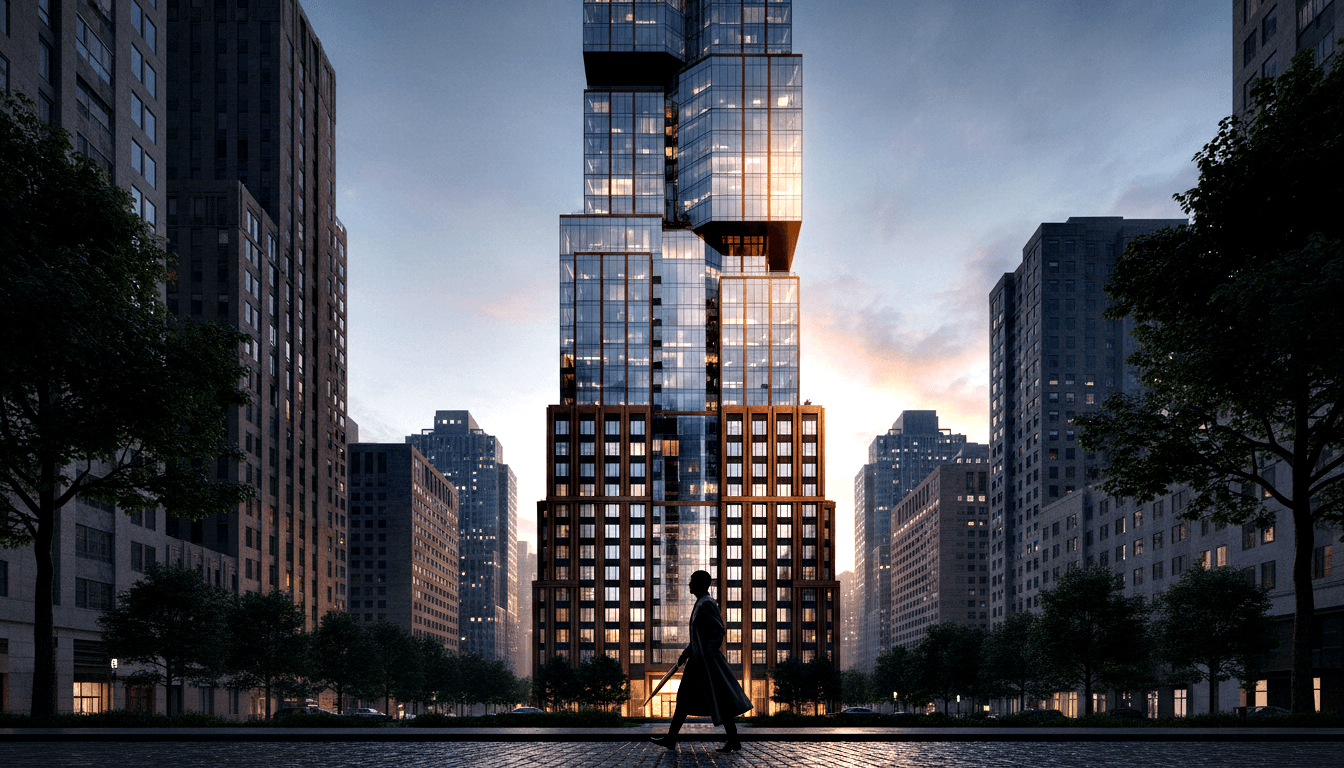 CGI skyscraper with stepped twisted form, amber brick base and steel-blue glass tower on a tree-lined boulevard at dusk.