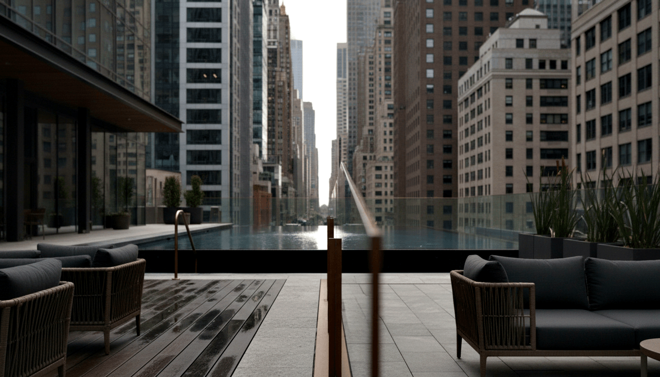 High-rise terrace: infinity-edge water feature flanked by rattan lounge chairs on wood decking, glass railings, city skyline beyond.