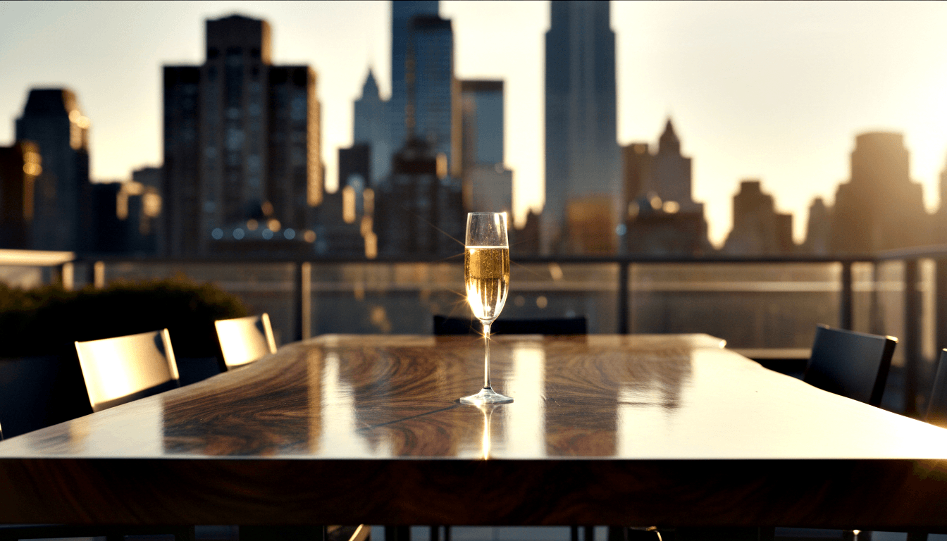 Sparkling wine flute filled with golden bubbling liquid on a polished wooden table, glass railing, and blurred urban skyline beyond.