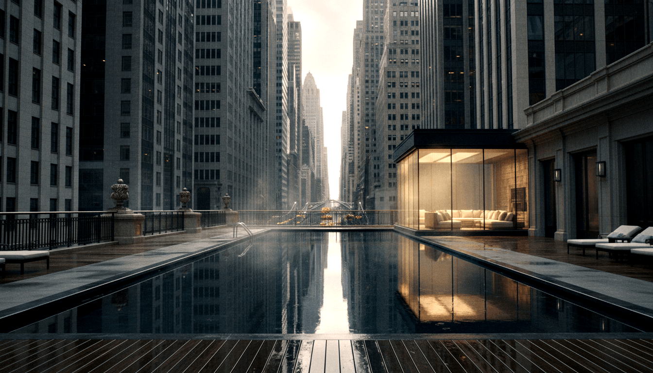 Rooftop infinity pool with charcoal water extending toward skyscrapers along a receding avenue, wooden deck with white-cushioned lounge chairs.