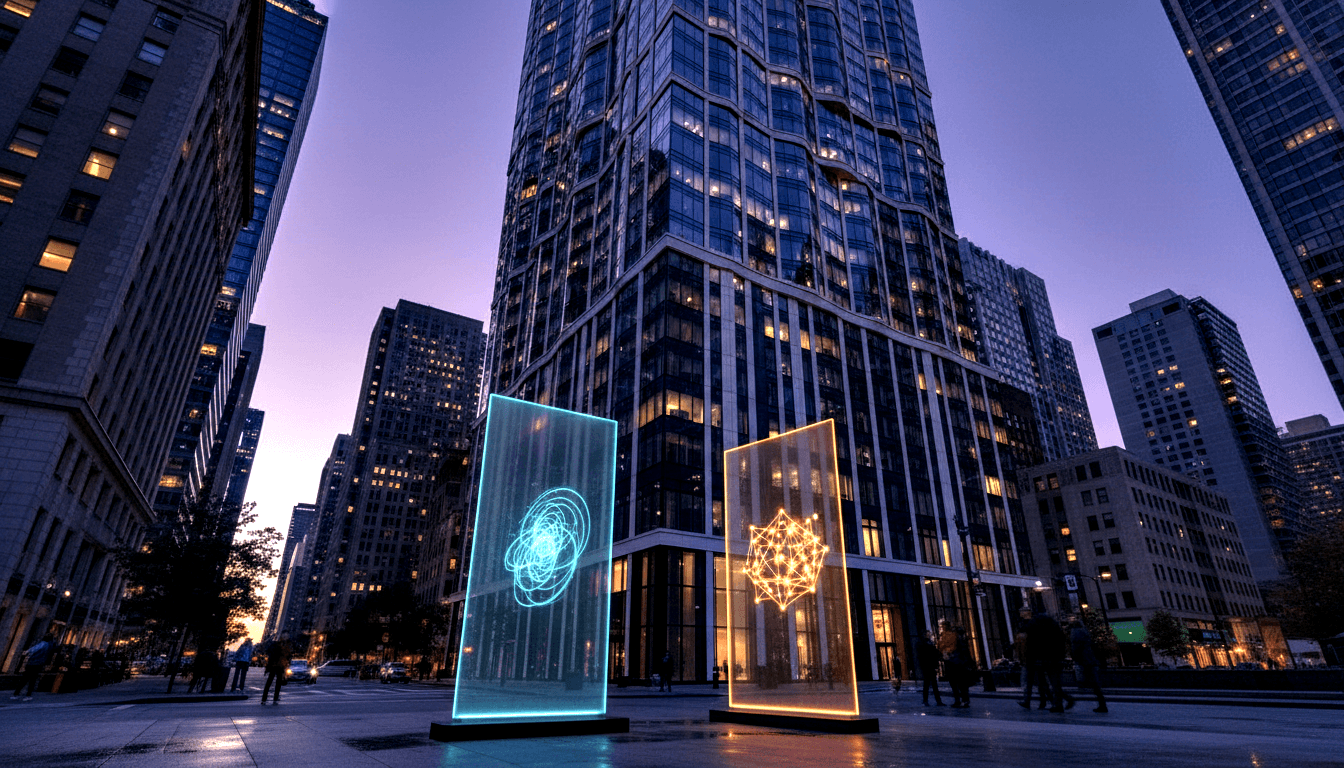 Two illuminated plaza panels glowing cyan and amber-orange, with a tall glass tower behind and pedestrian silhouettes at dusk.