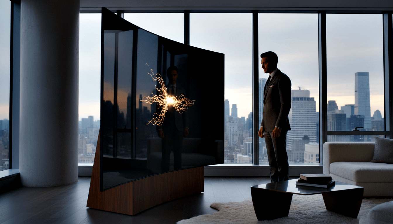 Man in dark suit beside curved transparent display showing amber filament patterns; twilight skyline visible through floor-to-ceiling windows.