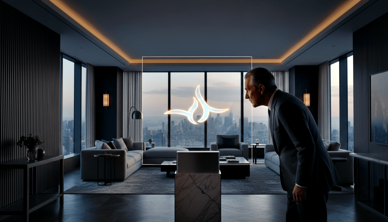 Middle-aged man in charcoal suit leaning forward to examine a glowing holographic flame-bird emblem in a transparent frame on a marble pedestal.