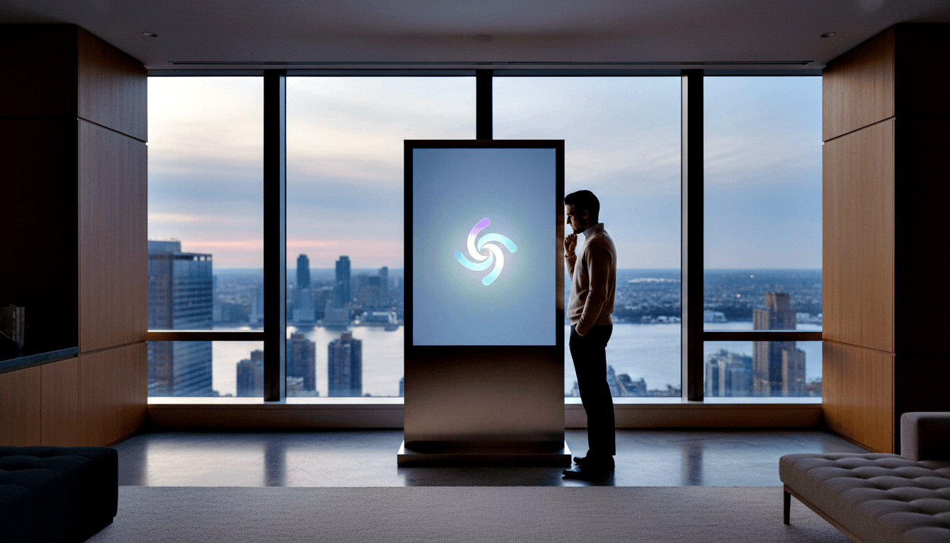 Person in light sweater facing a tall kiosk with glowing iridescent blue-purple-green spiral on white screen, hand raised to chin.