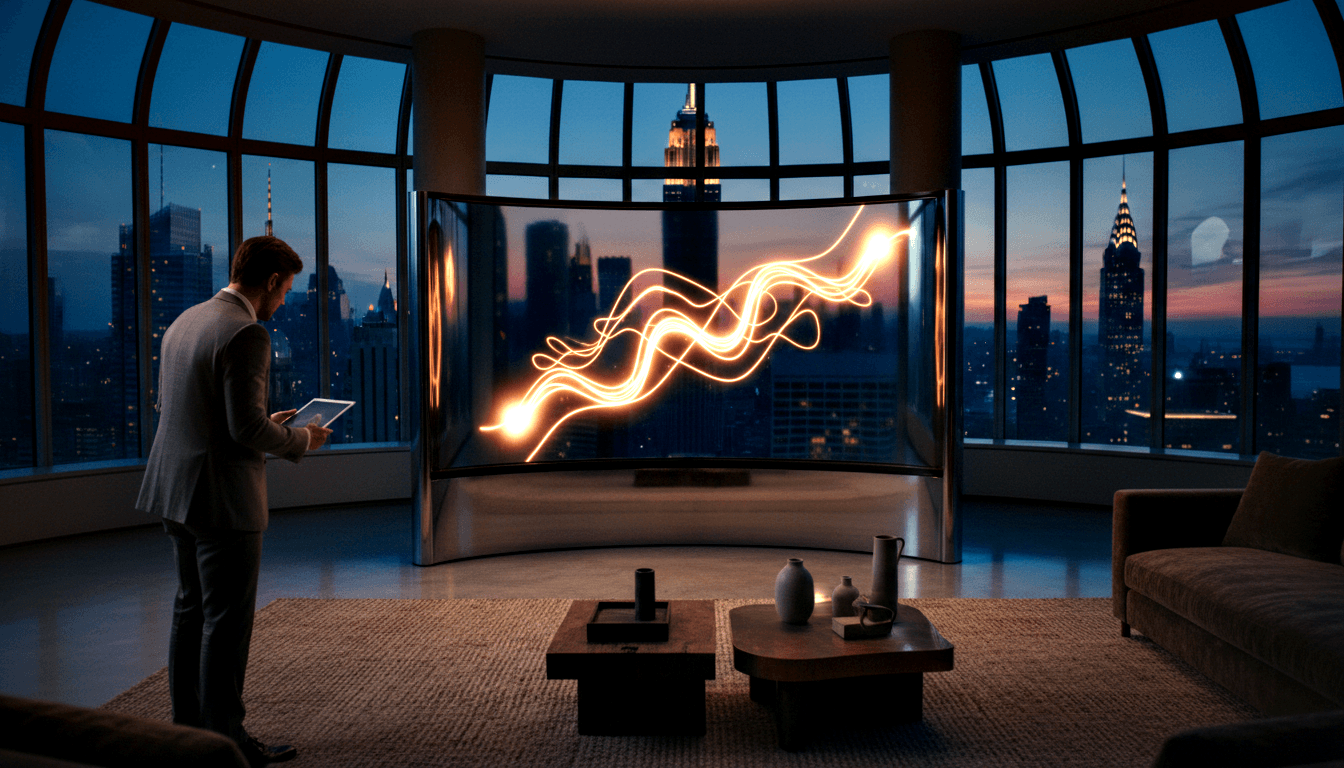 Man in grey suit holding tablet faces a large curved transparent display with amber-orange wave light trails in a high-floor apartment.