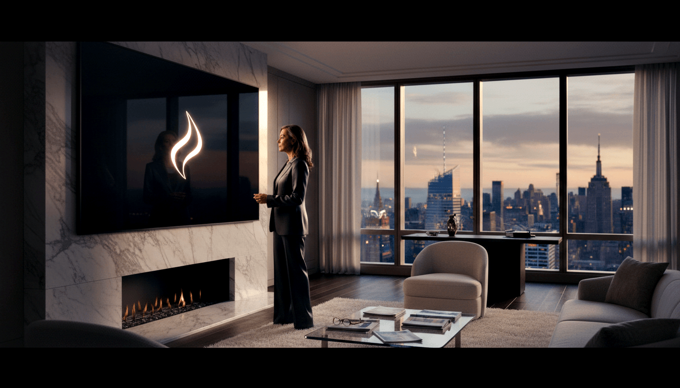 Woman in charcoal suit views wall screen with flame logo above marble fireplace; city skyline at twilight through tall windows.