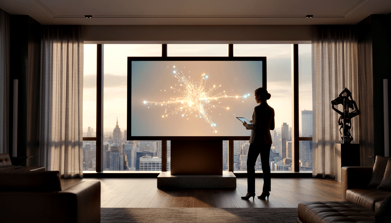 Woman in dark attire holds tablet before glowing network diagram screen; floor-to-ceiling windows show amber dusk sky.