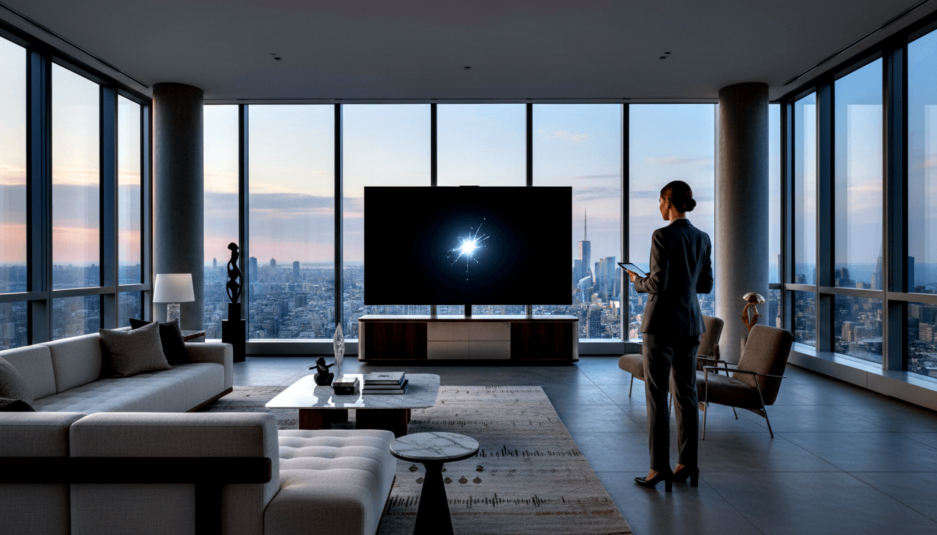 Woman in dark suit, hair in bun, faces TV showing starburst in high-rise apartment with twilight skyline beyond floor-to-ceiling windows.