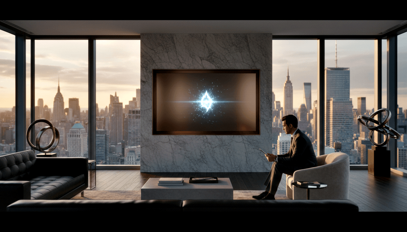 Man in dark suit holding tablet faces wall screen with glowing diamond burst in penthouse with floor-to-ceiling city windows.