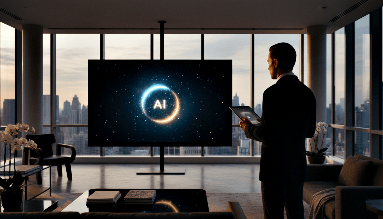 Man in dark suit holding tablet, seen from behind in high-rise at dusk; ceiling screen displays glowing circular AI logo.