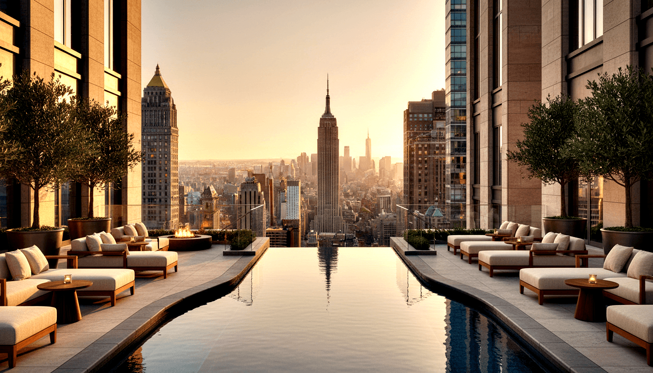 Rooftop terrace with centered infinity pool, cream sofas, wooden armchairs, potted olive trees, and Art Deco skyline under golden-hour light.