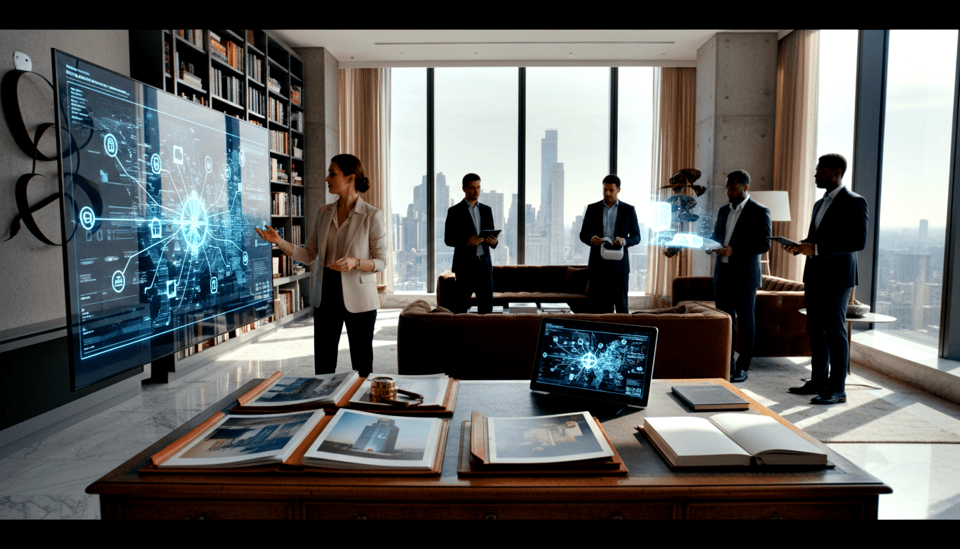 CGI executive room with skyline view; woman in cream blazer presents cyan network diagrams on wall screen to three suited men.