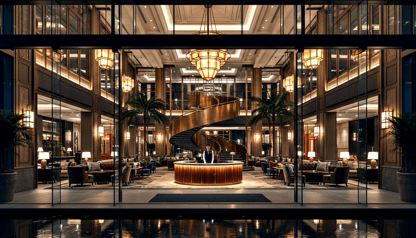 Hotel lobby at night through glass: circular amber desk, Art Deco chandeliers, brass spiral staircases, wet pavement reflections.