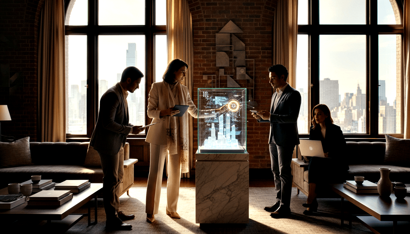Three people around a teal holographic 3D city model on marble pedestal; woman in white pantsuit touches hologram, colleagues gesture.