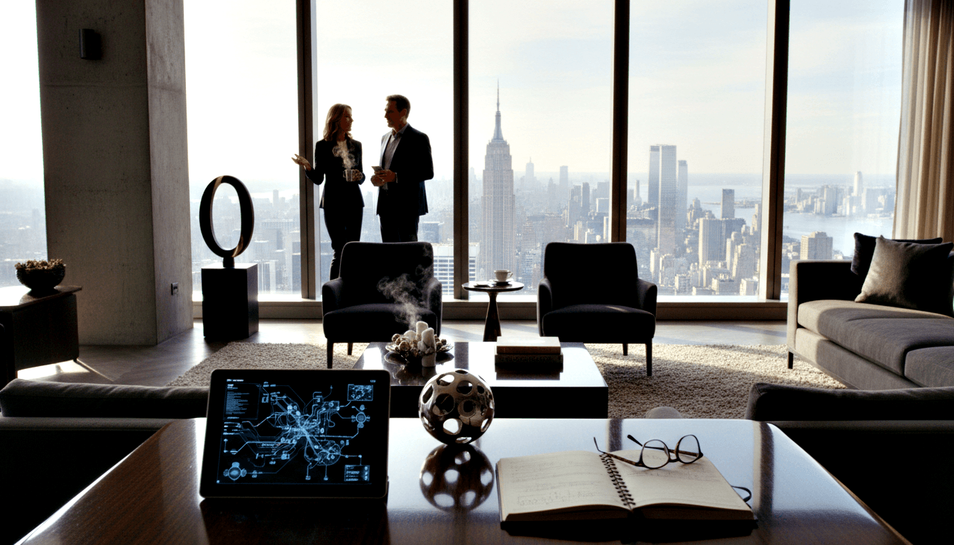 Woman and man in dark suits hold cups by floor-to-ceiling windows; coffee table has tablet, notebook, glasses, candles.