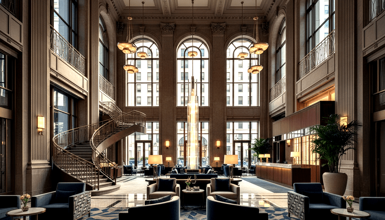 Neoclassical triple-height atrium with fluted columns, brass balconies, central light sculpture, spiral staircase, geometric floor.