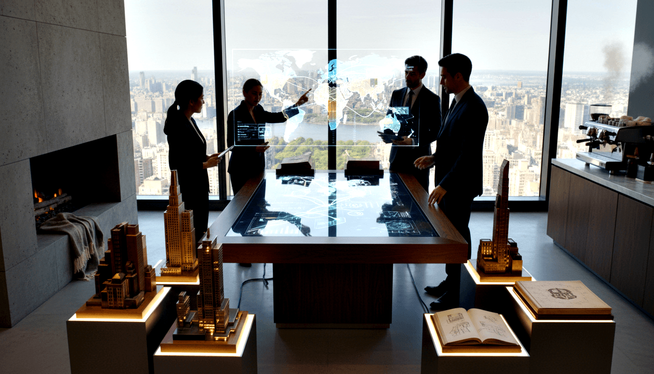 Four professionals collaborate around a table projecting a holographic globe and cyan data visuals, high-rise room with skyline views.