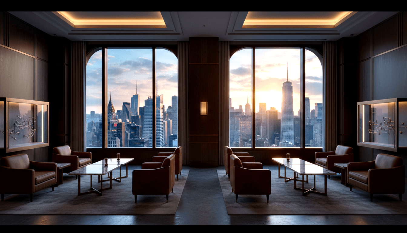 Symmetrical high-rise lounge with burnt-orange chairs, brass coffee tables, and floor-to-ceiling windows framing a dusk city skyline.