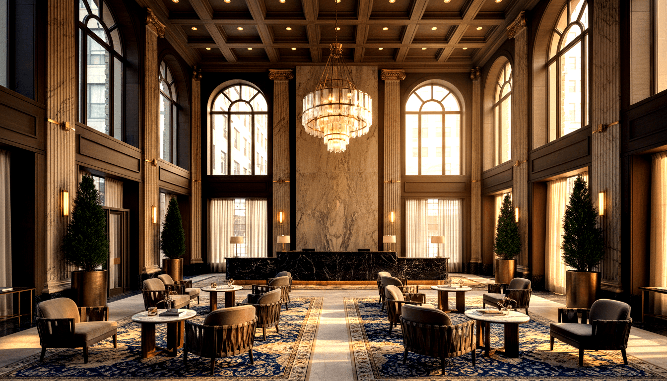 CGI double-height hall with coffered gold ceiling, crystal chandelier, fluted columns, marble reception desk, navy rugs, and velvet armchairs.