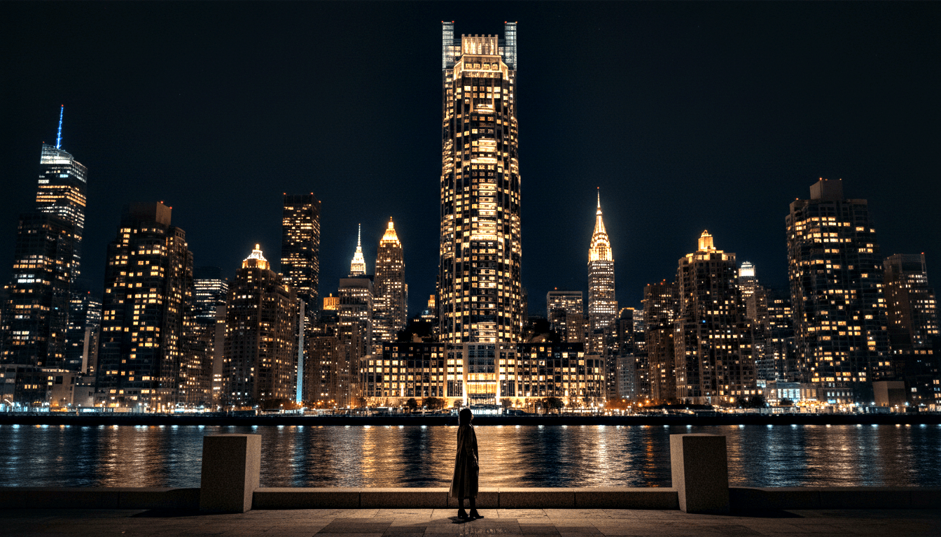 Silhouetted figure in long coat on a waterfront esplanade at night, facing an Art Deco spired skyline reflected in water.