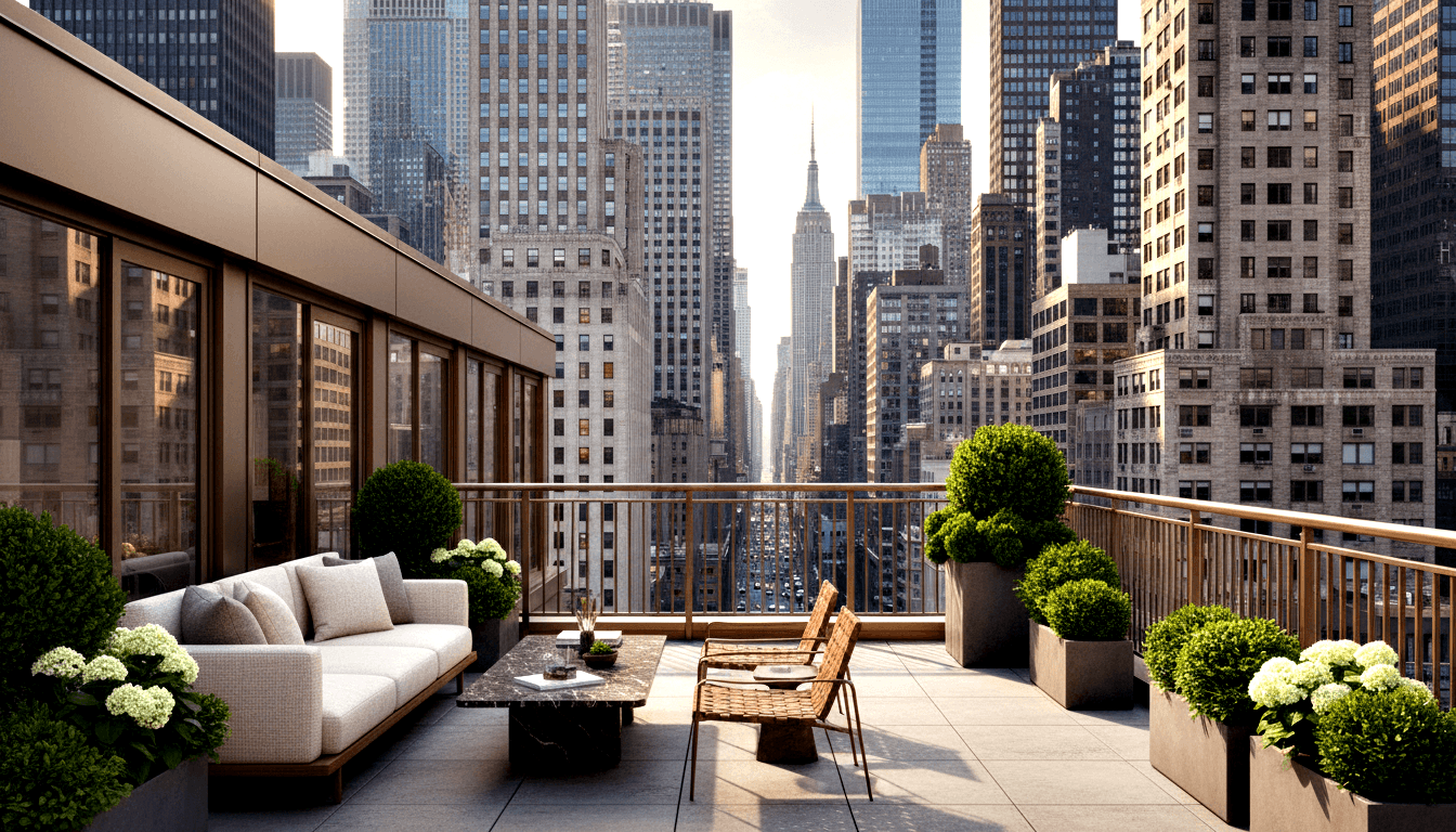 CGI high-rise terrace with cream sofa, woven chair, dark marble coffee table, topiaries, white hydrangeas, and skyscraper skyline behind.