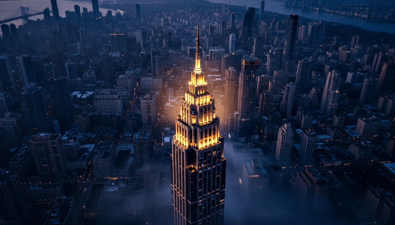 Tall Art Deco skyscraper with stepped crown and antenna spire, floodlit in amber and gold, rising above a fog layer over darkened city.