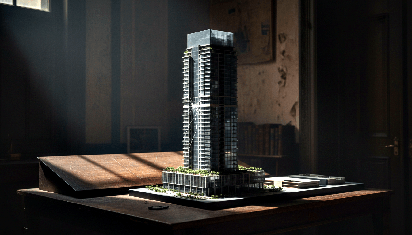 Charcoal architectural scale model of a tall modern high-rise with podium base and miniature green trees on a dark wooden platform.