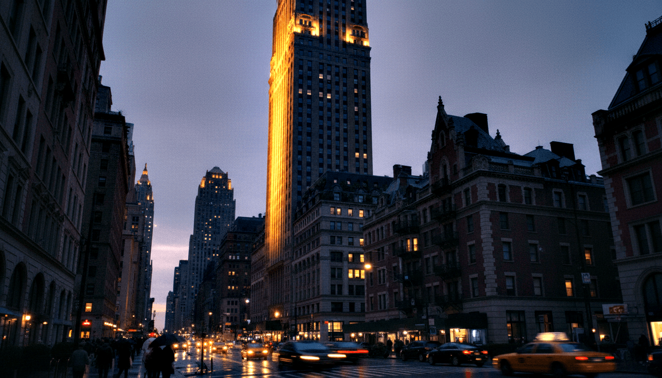 Wet boulevard at twilight; amber lamp reflections, dark skyscraper with orange stripe, Gothic towers, umbrella silhouettes in rain.