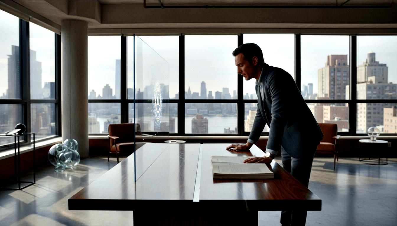 Man in grey blazer leans over dark walnut conference table studying a document, with a glowing spiral hologram on a glass panel.