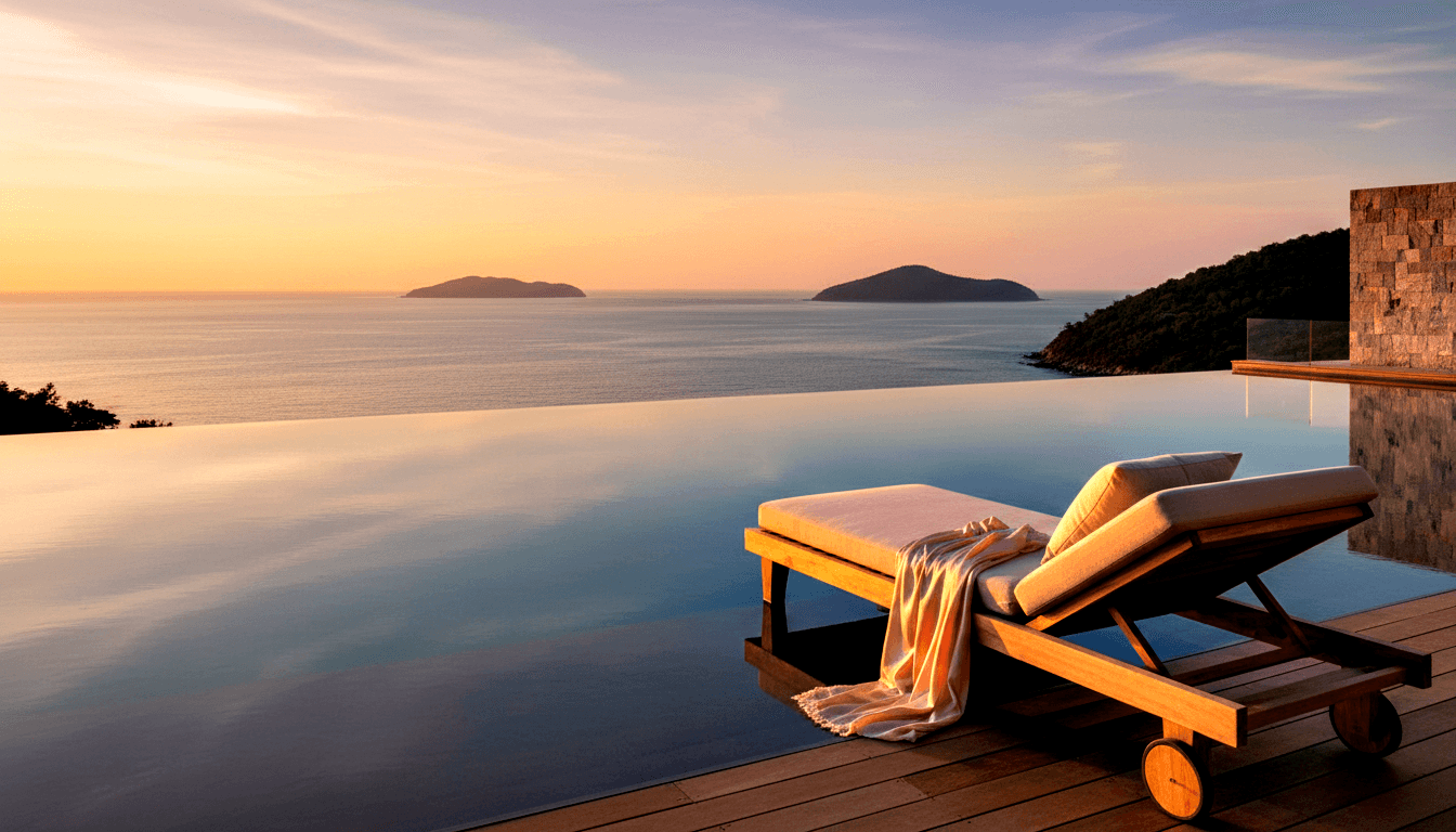 Wooden sun lounger with cream cushion and pink throw on a deck beside an infinity pool merging with deep blue-grey sea and distant islands.