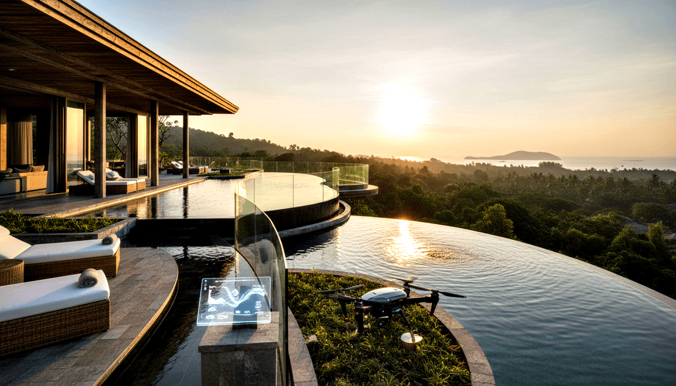 Curved multi-tiered infinity pool with glass railing on a hillside terrace, reflecting golden sunset light, drone and glowing display near edge.