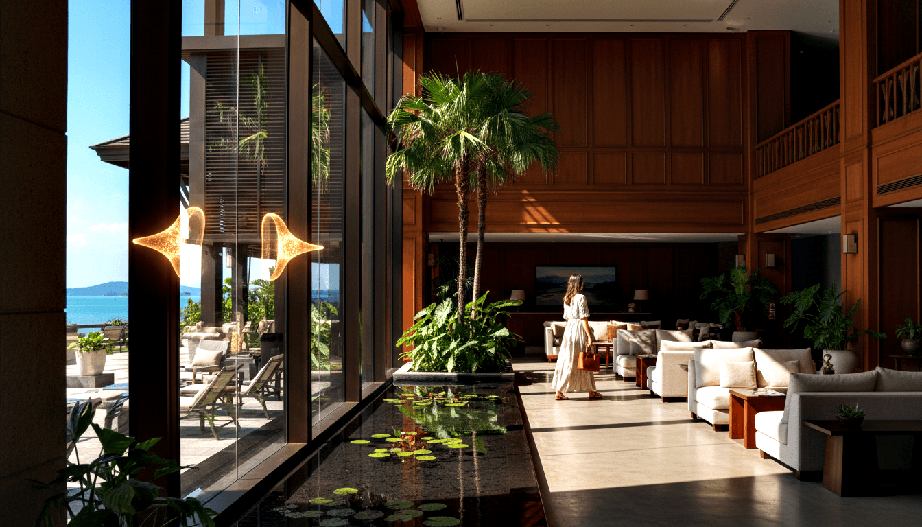 Hotel lobby with lily pond, palm trees, white sofas, gold star pendant lights; woman in white dress stands center-right.