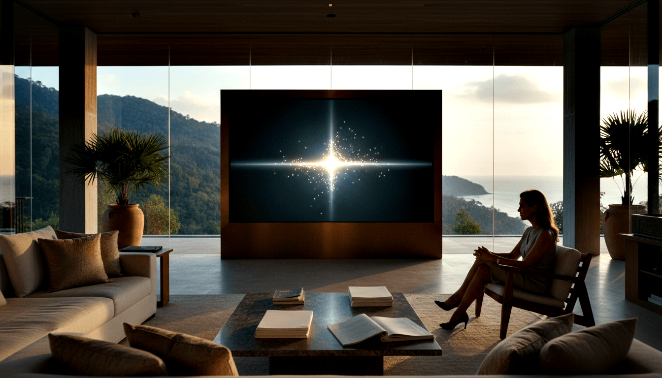Woman in sleeveless dress and black heels sits cross-legged in a wooden armchair facing a wall-mounted screen with a star-burst graphic.