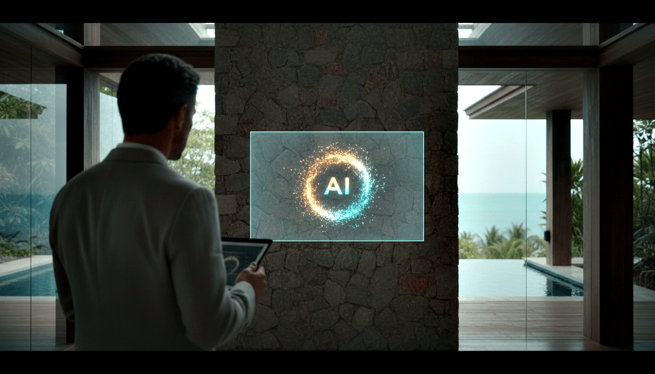Man in cream blazer holding tablet faces glowing stone column panel displaying 'AI' with teal and amber swirling particles.