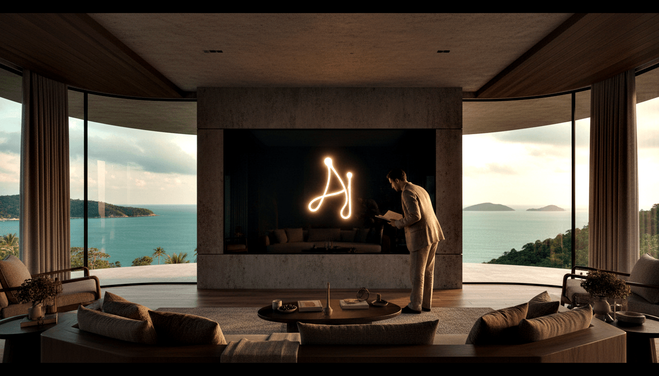 Curved luxury living room with panoramic ocean and island views, stone-surround screen with amber neon symbol, man in beige holding document.