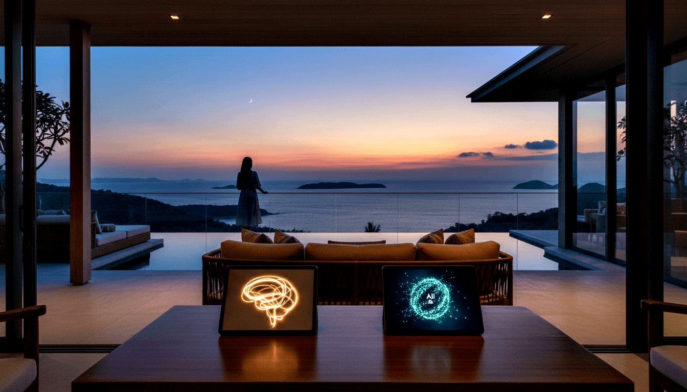 Two tablets on dark table show wireframe brain and particle art; woman silhouette at glass terrace overlooks ocean sunset.