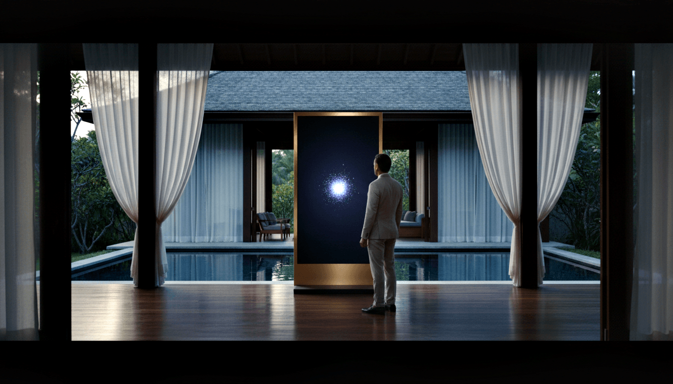 Man in cream suit faces tall gold-framed navy panel with glowing blue-white orb, beside a lap pool with tropical greenery.