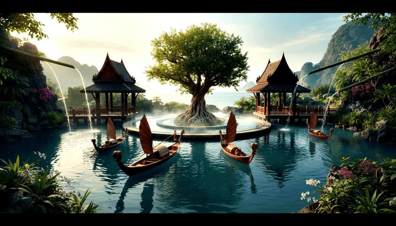 CGI water garden with circular island, banyan tree, teal pool, four wooden sailing boats with amber sails, flanked by tiered-roof pavilions.