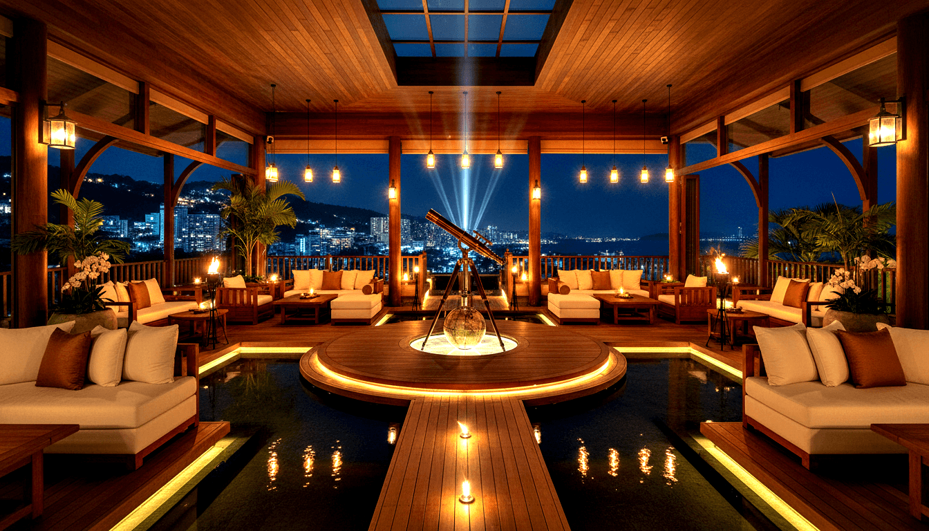 Symmetrical open-air pavilion at night with tripod telescope, glowing globe, cream sofas, burnt-orange cushions, and coastal cityscape beyond.