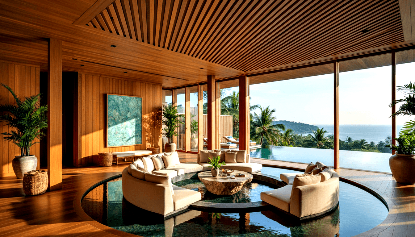 Circular cream sectional sofa around a stone coffee table ringed by a teal water moat, with glass doors opening to an infinity pool and ocean.