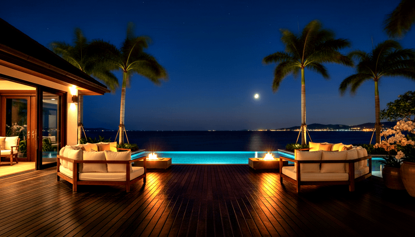 Turquoise illuminated infinity-edge pool flanked by teak sofas and amber fire bowls on dark hardwood decking at night.