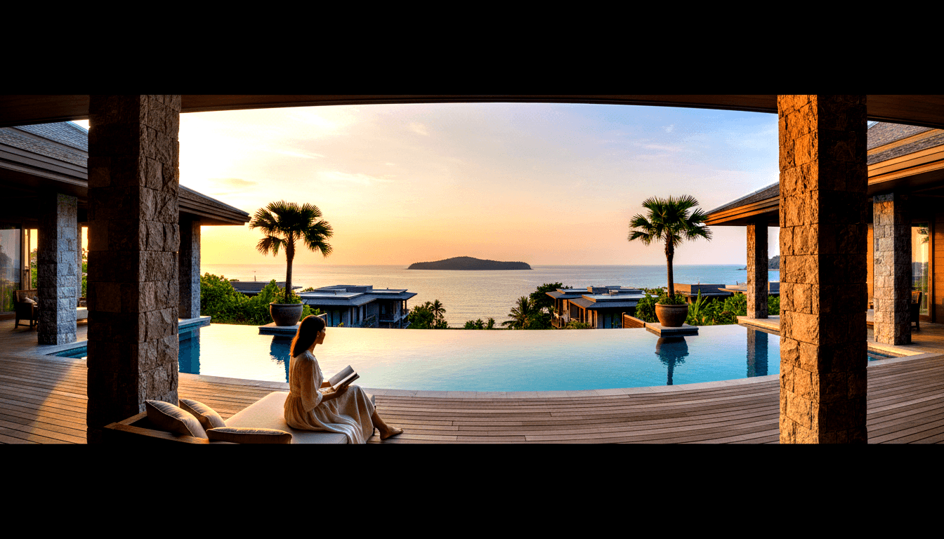Woman in cream dress reads a book on a lounger beside a curved infinity pool overlooking calm blue ocean at golden sunset.
