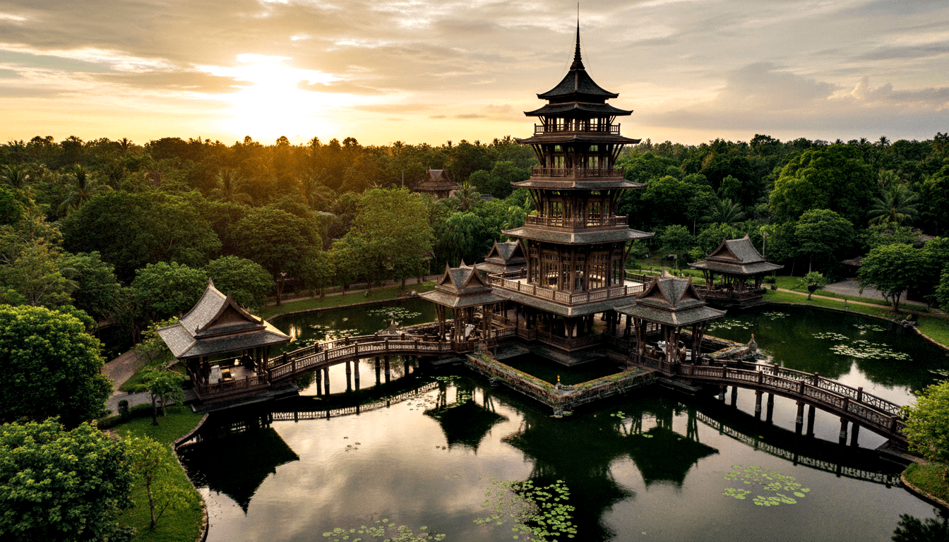 3–4 story pagoda with upswept rooflines on a lily-pad-covered pond, linked by covered wooden bridges to smaller pavilions on timber pillars.