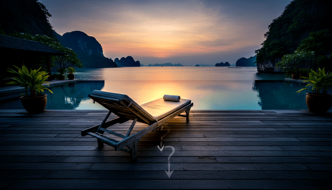 Wooden lounger with white towel on deck beside infinity pool merging with calm bay, karst limestone silhouettes under purple-grey dusk sky.