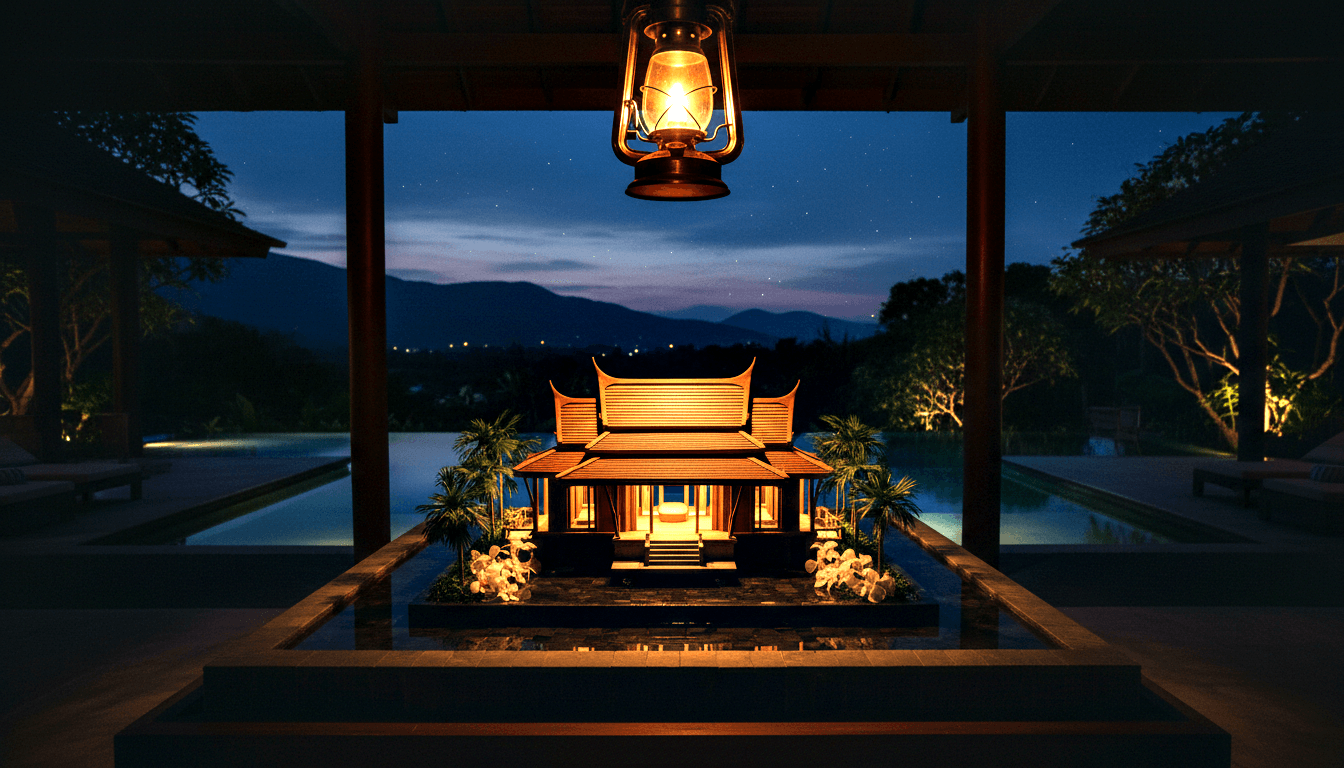 Vintage lantern over glowing tiered pavilion, white flowers, turquoise pools, uplighted trees, mountains at magenta dusk.