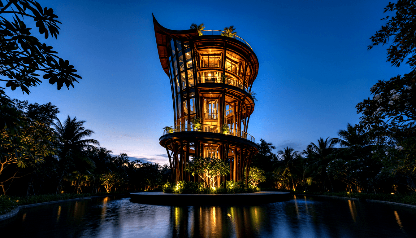 Hourglass-vase tower with curved timber columns, amber-lit circular balconies, reflected in still pool at cobalt twilight.