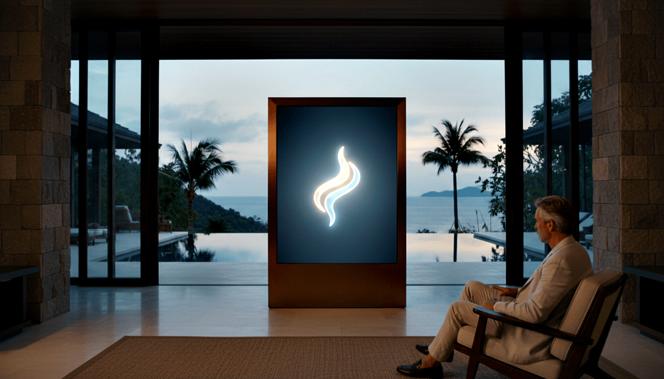 Glowing neon double-curve sculpture on dark panel in wooden frame, with silver-haired man in cream suit seated in armchair at lower right.