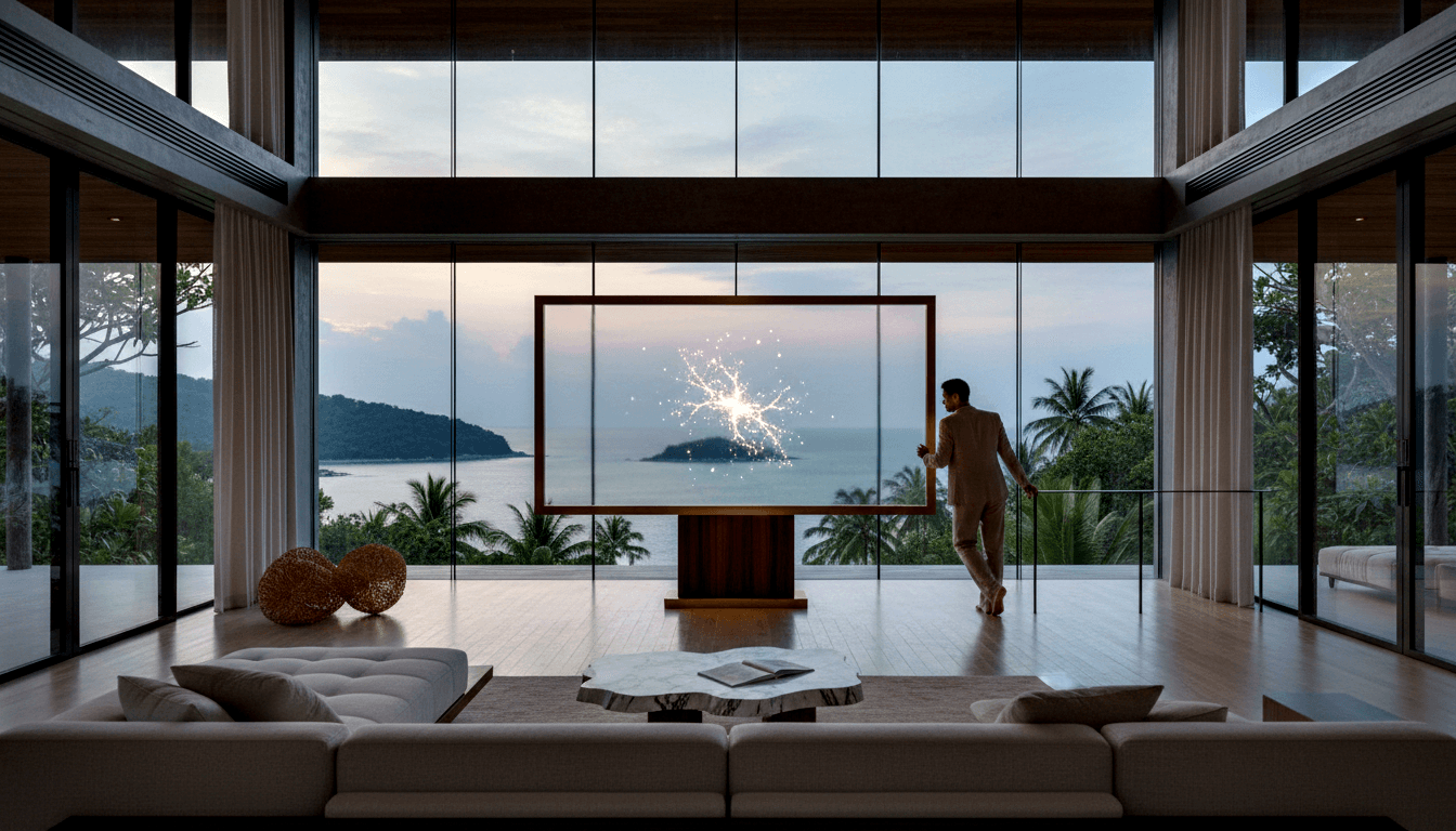 Open-plan room with cream sofas, marble coffee table, glass walls opening to tropical coast; man in beige views glowing starburst screen.